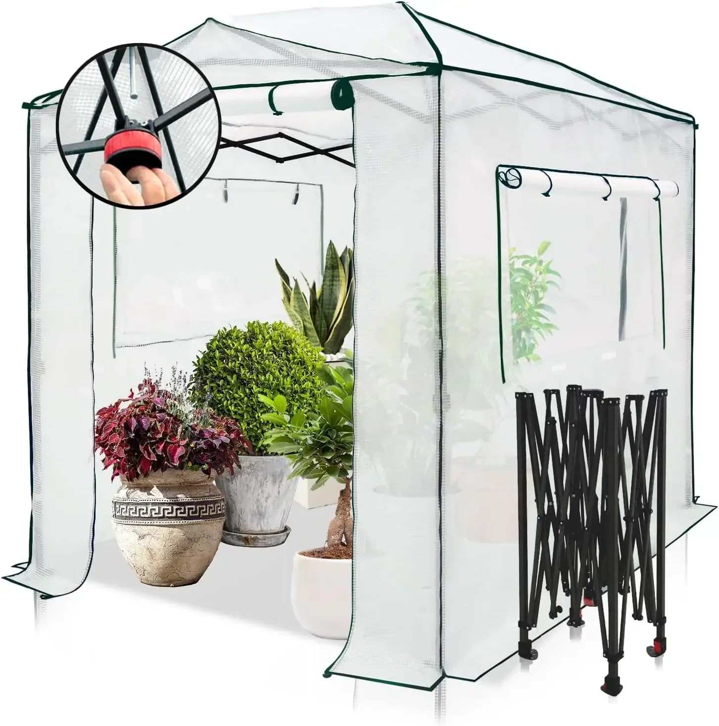 8x6 Portable Walk-in Greenhouse, Pop-up Indoor Outdoor Garden Green House, Zippered Doors and Windows, PE Cover,White