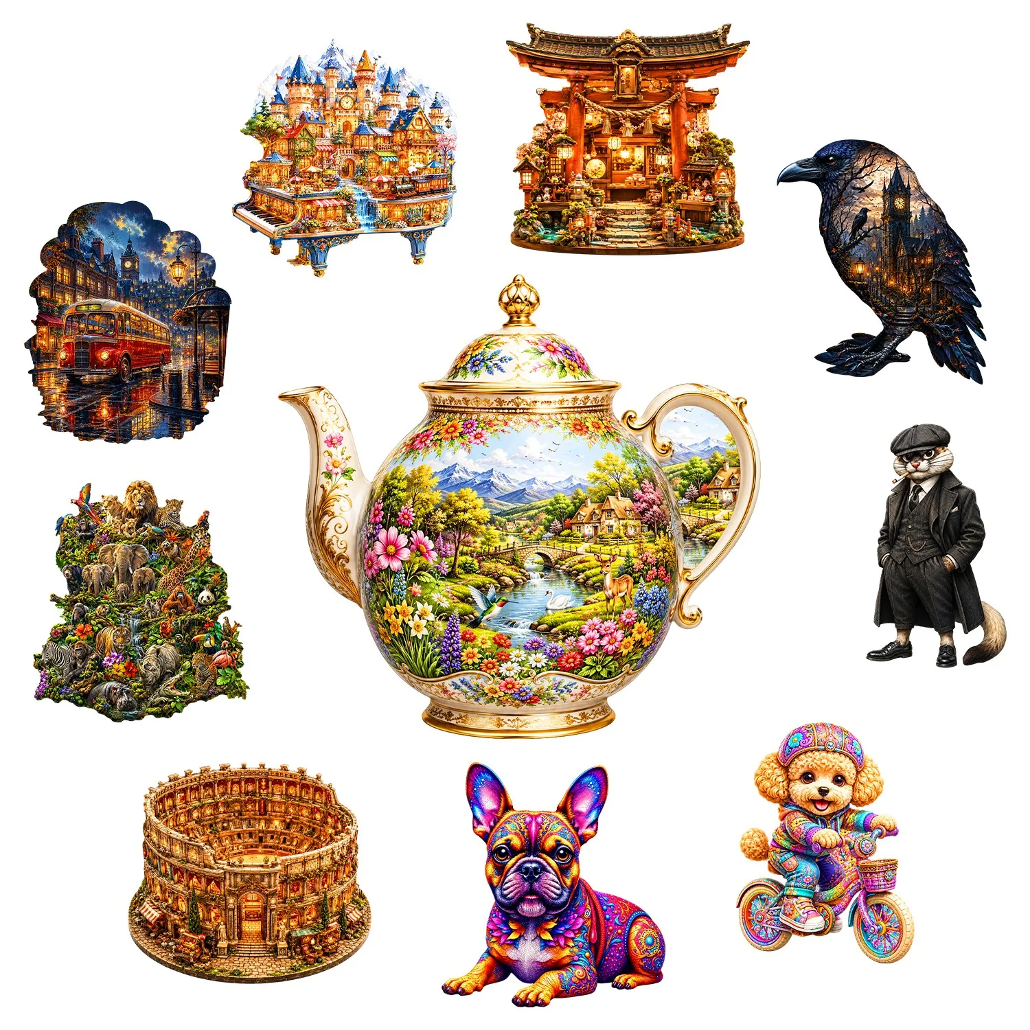 Games Garden Party - Teekannen-Garten Holzpuzzle, Tierpuzzle, Denkspiel, Geschenk für