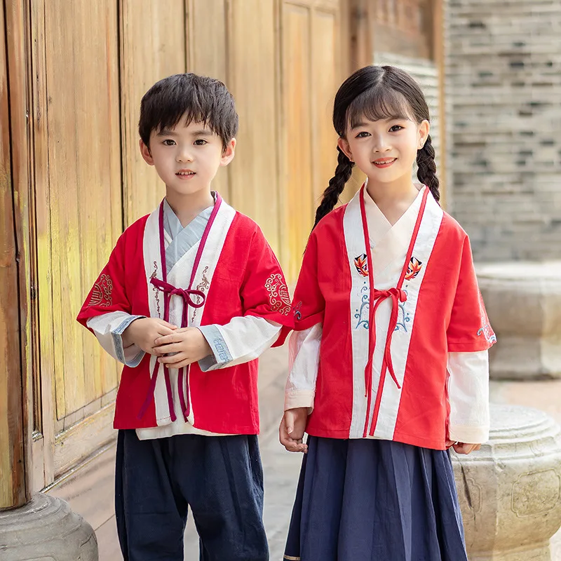 

Boys Girls Red Blue Tang Suit Kids Chinese Style Embroidery Hanfu Tops Pants Skirts Children Oriental Clothing Set Stage Costume