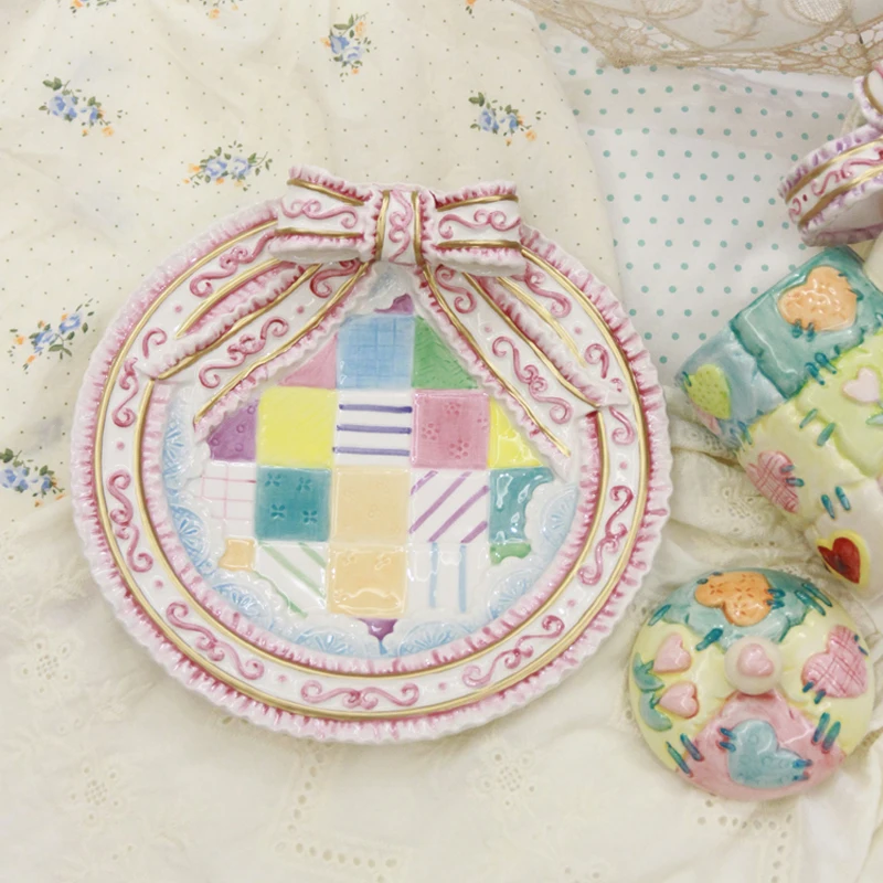 

‌Bowknot Decorative Plate - Hand-Painted Dessert Plate, Heat-Resistant Kitchen Tableware &Elegant Housewarming Gift for New Home