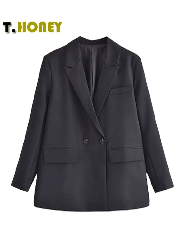 TELLHONEY Women Fashion Solid Double Breasted Blazers Female Elegant Long Sleeves Loose Jacket Coats Office Ladies Outerwear Top