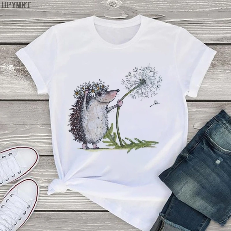 T-shirt Hedgehog and Dandelion Printed Top T Shirt Fashion Casual Short-sleeved Tshirt Summer Female Harajuku Women\'s hipster