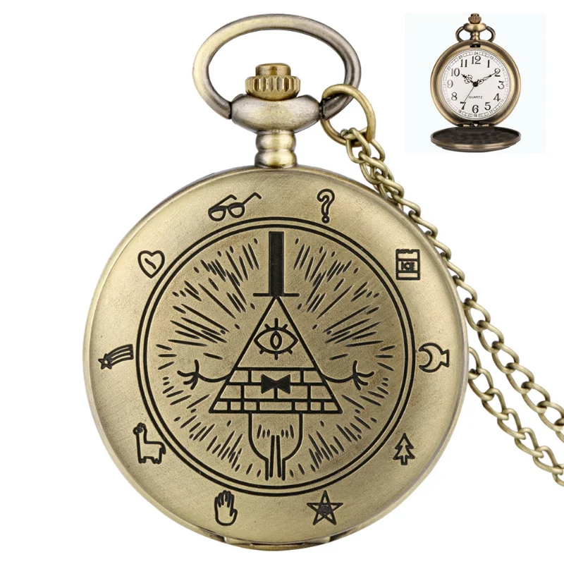 Disney Movie Gravity Fall Bill Cipher Time Gem Necklace Quartz Pocket Watch Weird Town Triangle One-Eyed Devil Pendant Chain Toy