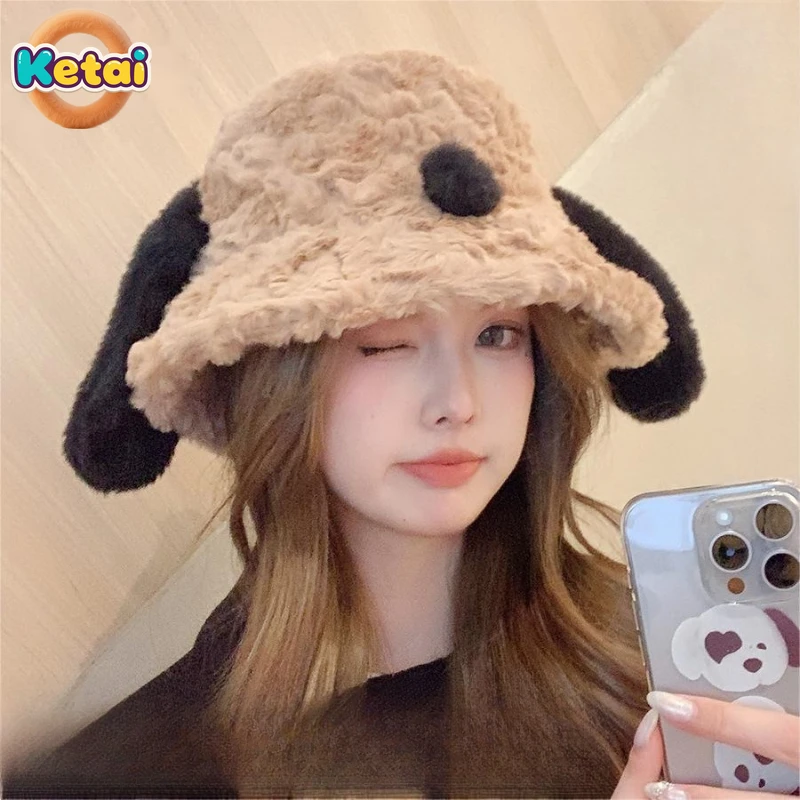 Fashionable Autumn and Winter Women's Thick Warm Hat Basin Hat Cartoon Cute Puppy Long Ear Plush Fisherman Hat Women