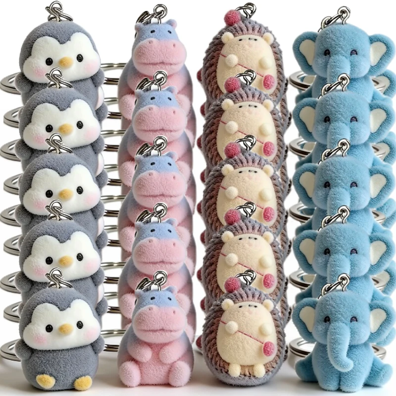 Flocking Cute Hippo Elephant Hedgehog Keychains For Friend Gift Resin Cartoon Lovely Fluffy Penguin Animal Pet Bag Box Key Ring