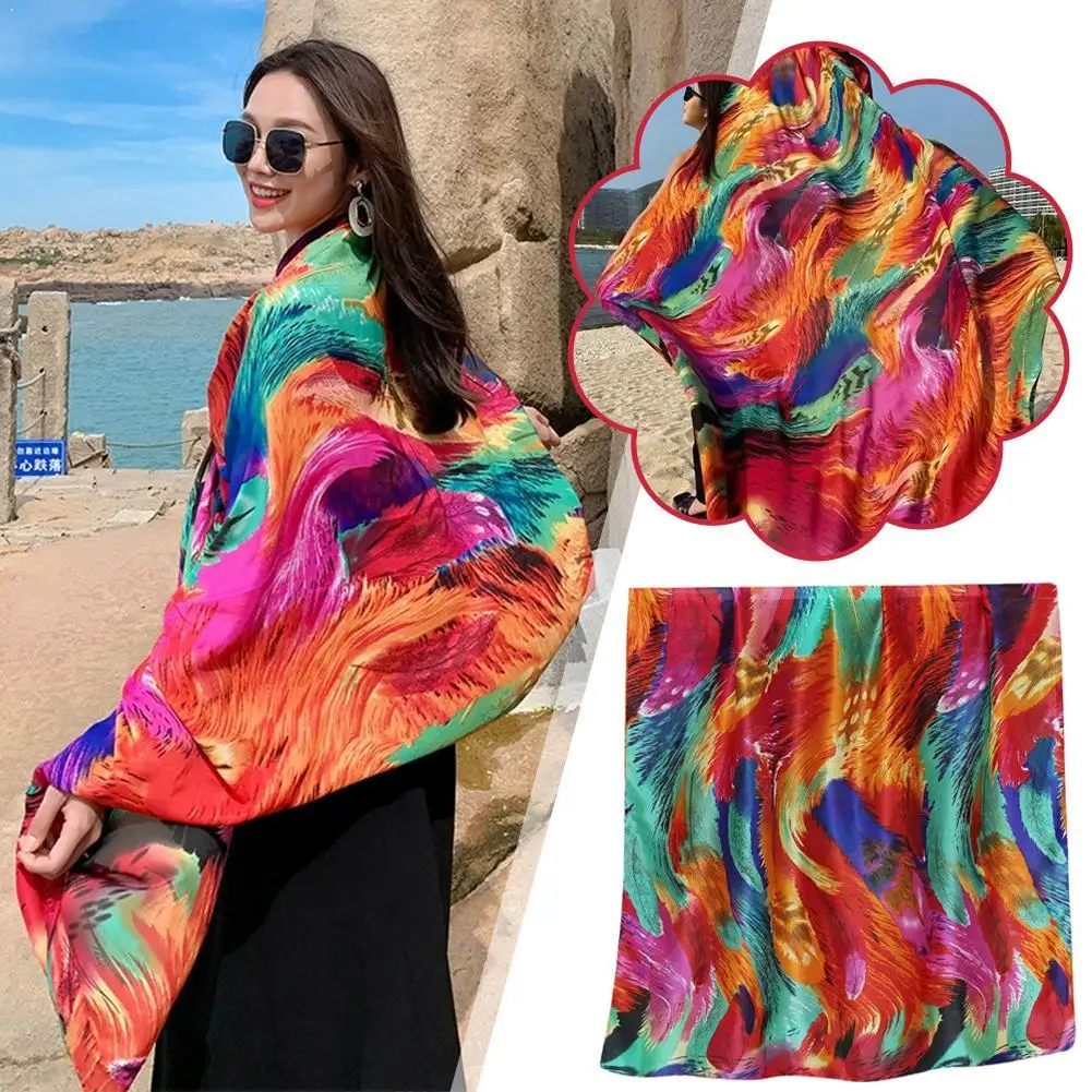 

Colorful Feather Print Beach Sarong for Women, Large Chiffon Sunscreen Shawl, Bikini Cover-up Scarf for Travel & Beach