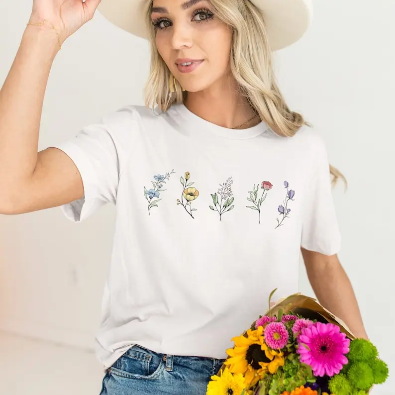 Wildflowers T-Shirt Floral Print Womens Ho Shirt Plants Harajuku Short Sleeve Casual Clothing Street Tops Tees Aesthetic Clothes