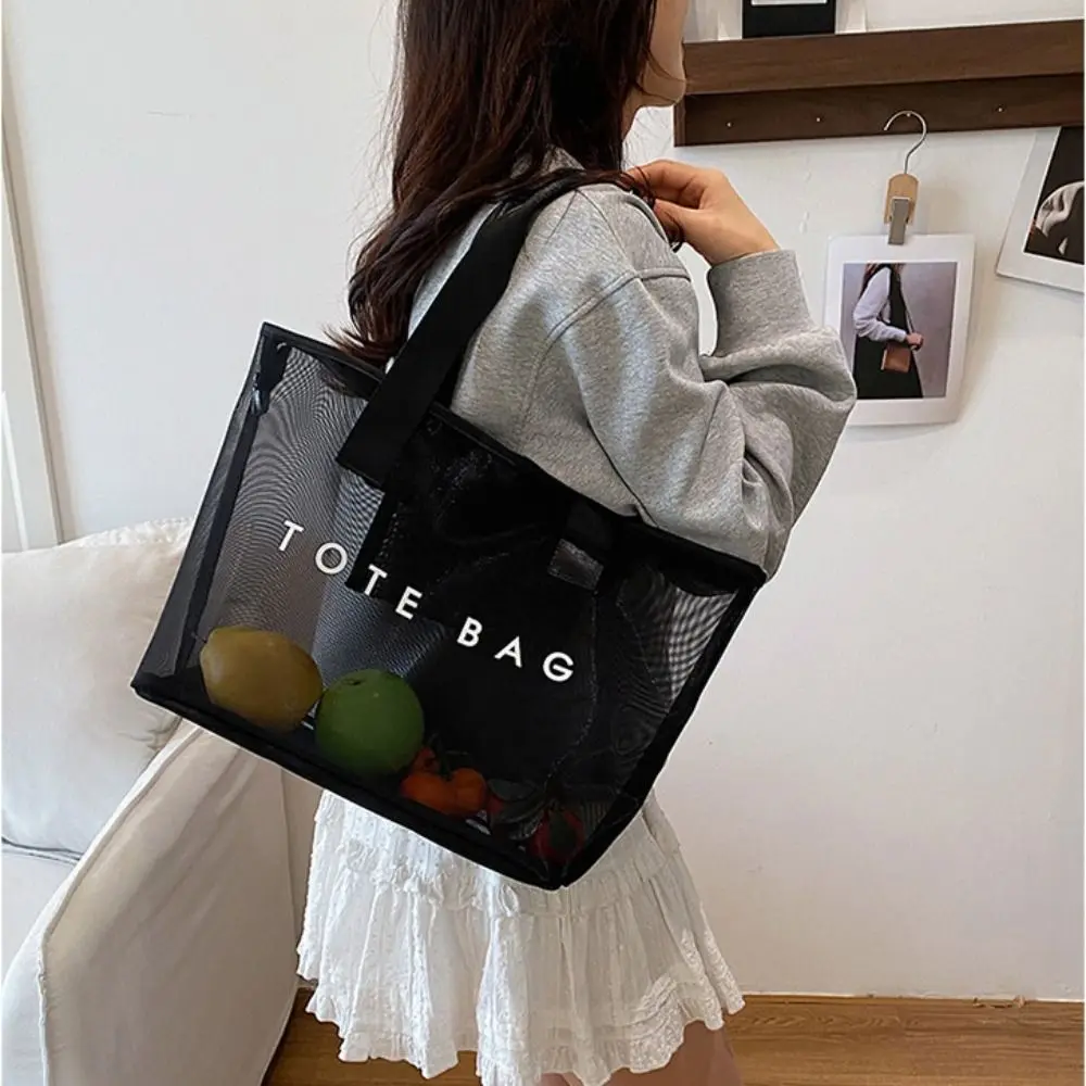 

Transparent Mesh Tote Bag Large Capacity with Handle Swimming Handbag Travel Toiletries Organizer Zipper Shopping Shoulder Bag