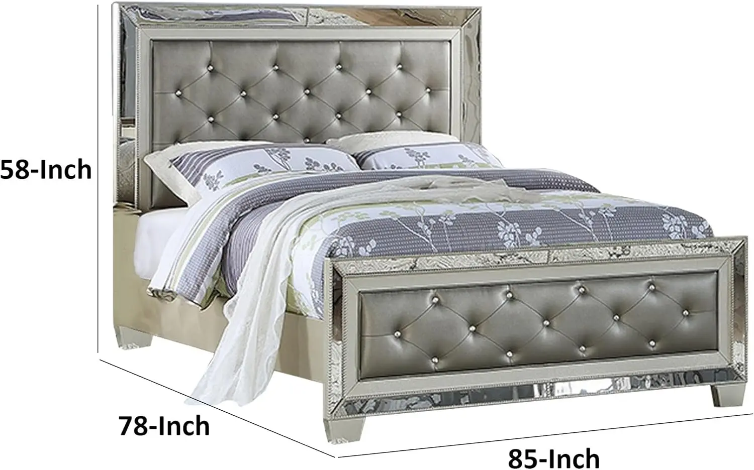 Benjara Bm301383 Reva Mirror Inlaid Button Tufted Faux Leather Upholstery Bed Gray - King Size