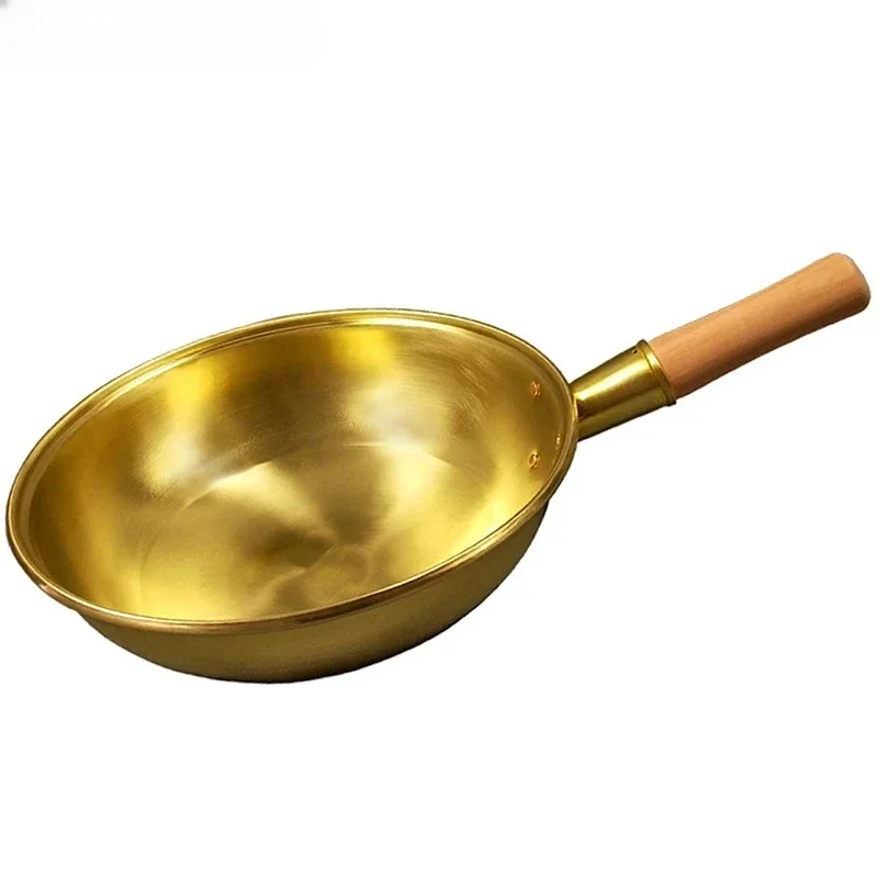 

100% чистая медь сковорода вок медный горшок утолщенная деревянная ручка сковорода латунная сковорода посуда