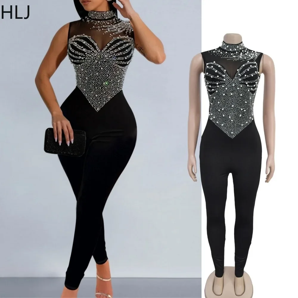 HLJ Fashion Luxury Rhinestones Mesh See Though Bodycon Jumpsuits Women Round Neck Sleeveless Slim Playsuits Sexy Party Clubwear