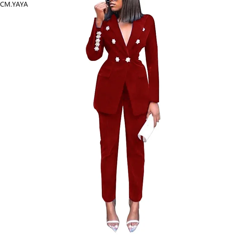 Tuta autunno inverno blazer a maniche lunghe dentellato pantaloni tuta a due pezzi Casual Office Lady Outfit Solid Women Set Uniform 1230