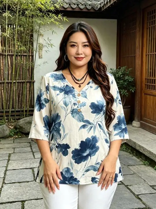 Plus Size Women Floral Print Blouse V‑Neck 3/4 Sleeve Buttons Half Placket Loose Casual Daily Spring Top