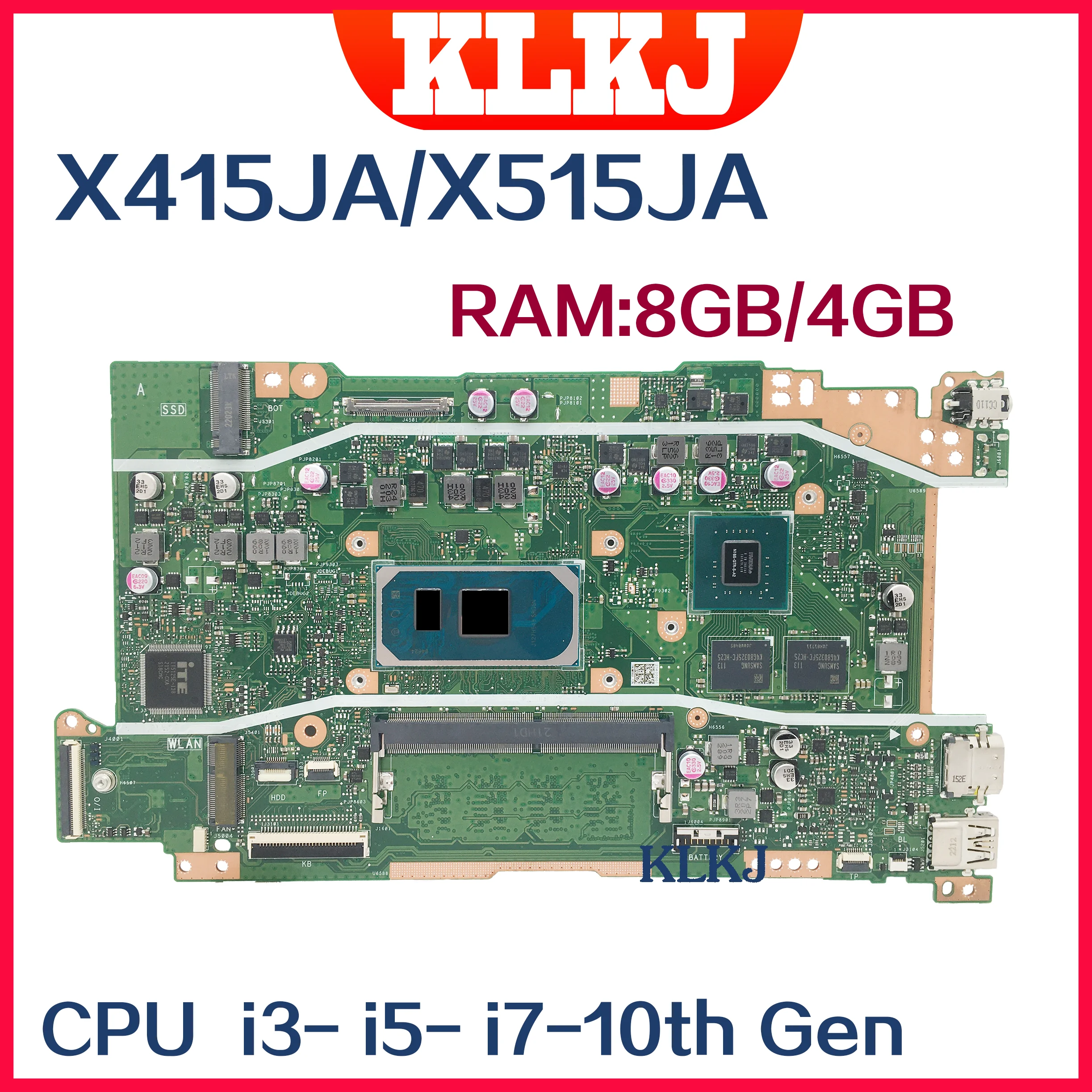 X515JA 메인보드, X415JA X515JF ASUS X515JAB X515JP V5200JA F515J 노트북 마더보드 W/i3 i5 i7-10th Gen 4GB/8GB RAM UMA/V2G