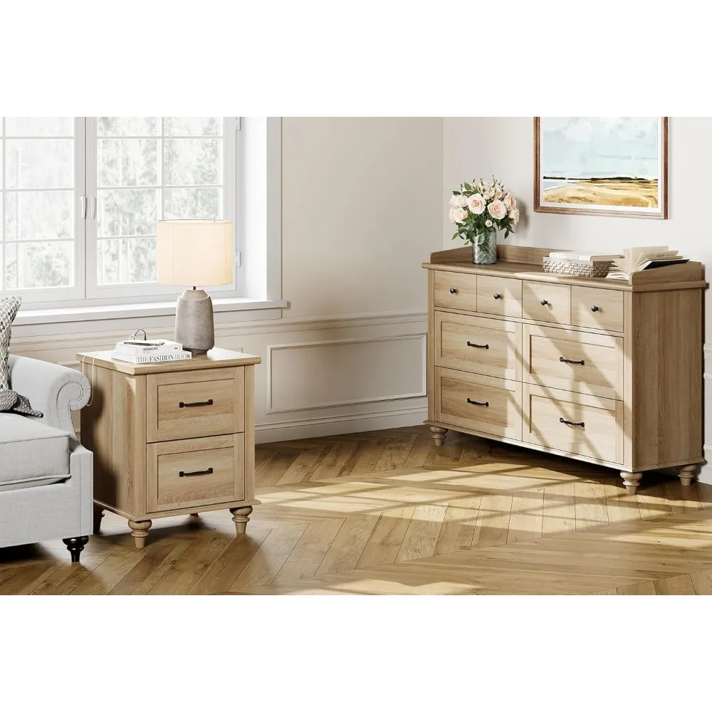 

"farmhouse style 2-piece bedroom furniture set: wooden dresser with 6 drawers and metal handles, matching nightstand"