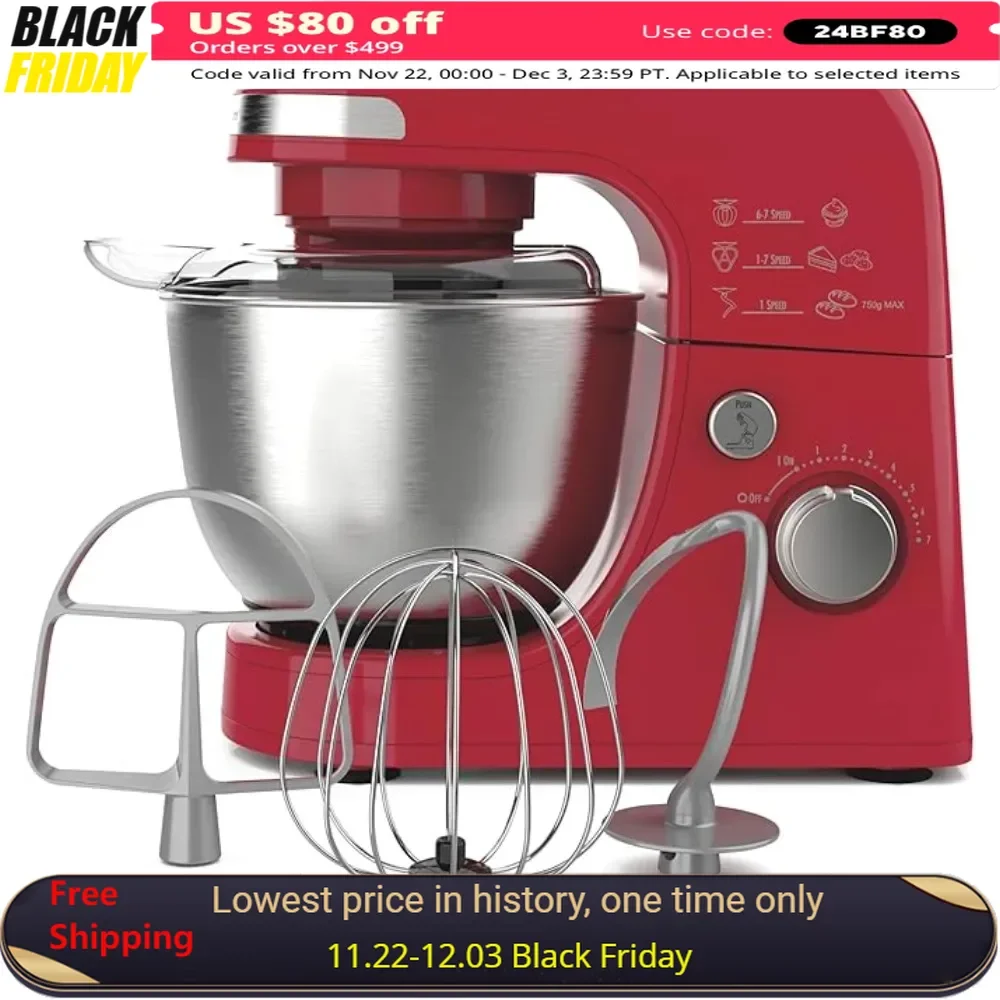 

4Qt. Electric Stand Mixer with Whisk, 7 Speeds Dough Hook and Flat Beater Attachments, Splash Guard, Food Mixers