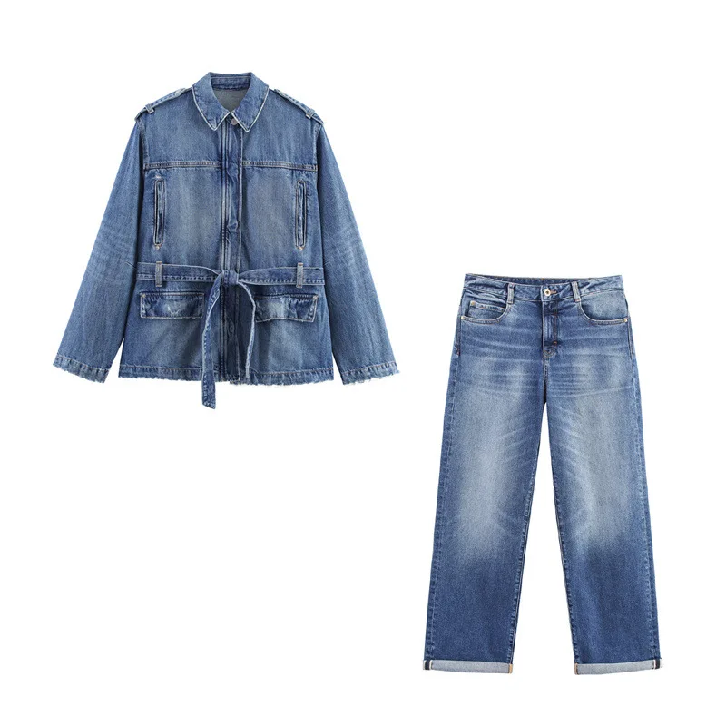 Long Denim Jacket Loose High Waist Rolled Hem Jeans Two-Piece Set