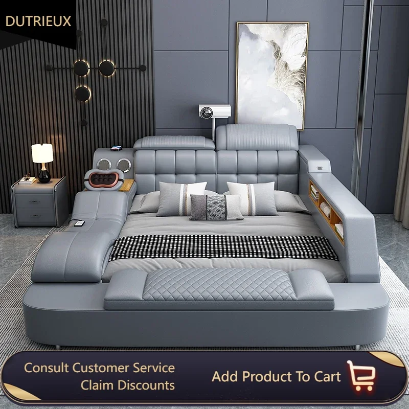 

Luxury Style Double Bed Headrest Italian Loft Sleeping Massage Bed Bedroom Queen Smart Cama Inteligente Multifuncional Furniture