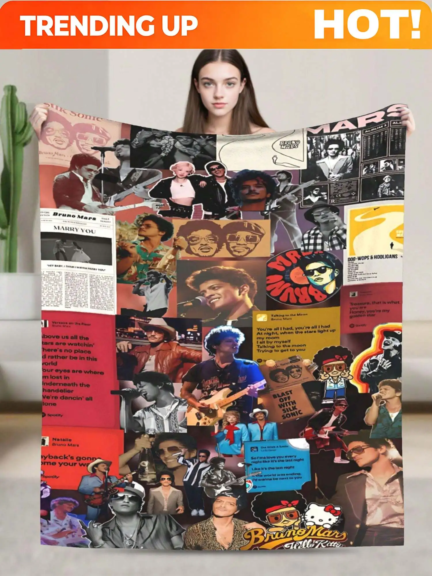 Customize 1pcs Soft Personalised Bruno Merch Mars Flannel Thick Blanket, Suitable For Sofa, Bed, Living Room, Travel, Office, Sh