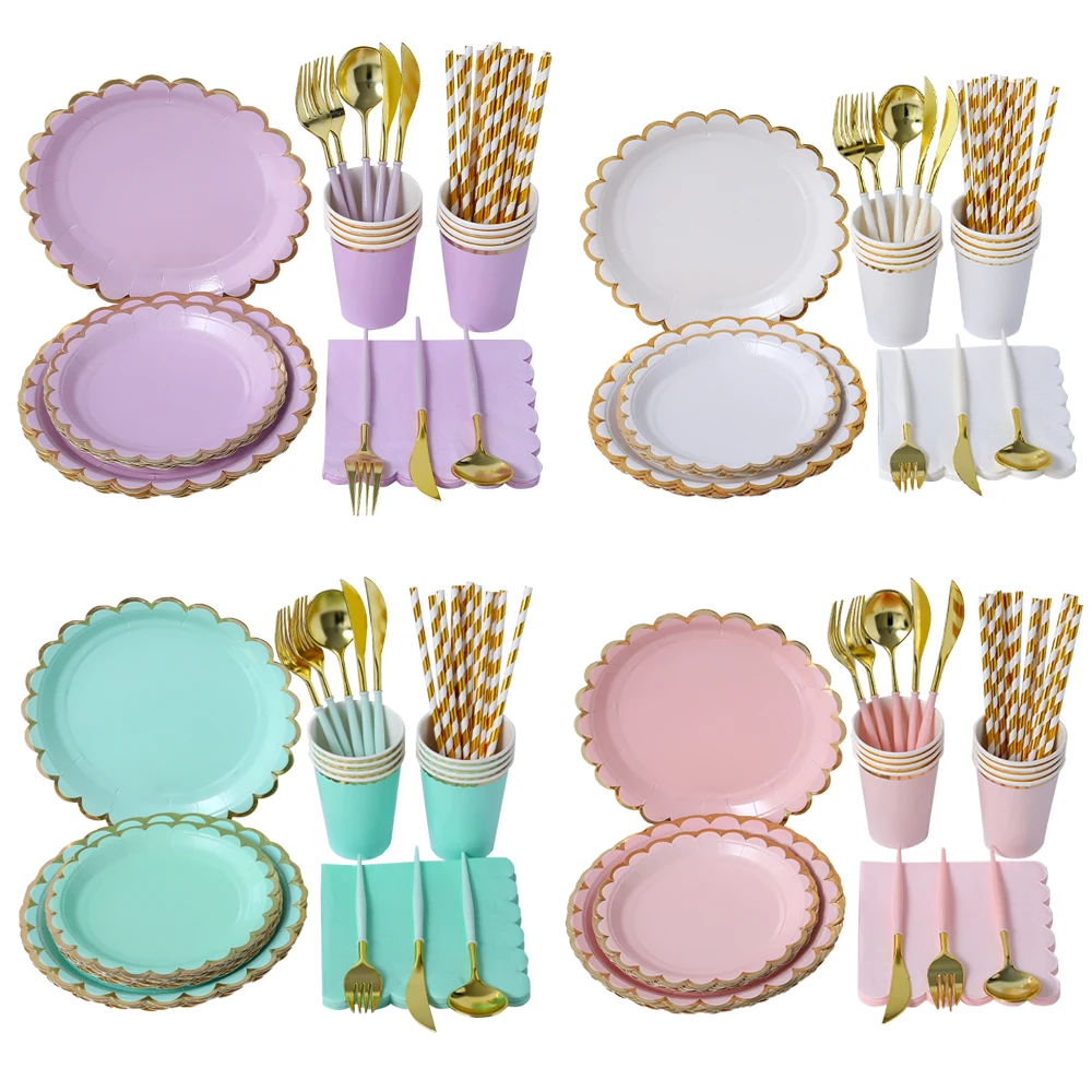 Purple Mint Green Pink Paper Disposable Tableware Set Plate Napkin Cup Knife Fork Wedding Anniversary Birthday Party Supplies