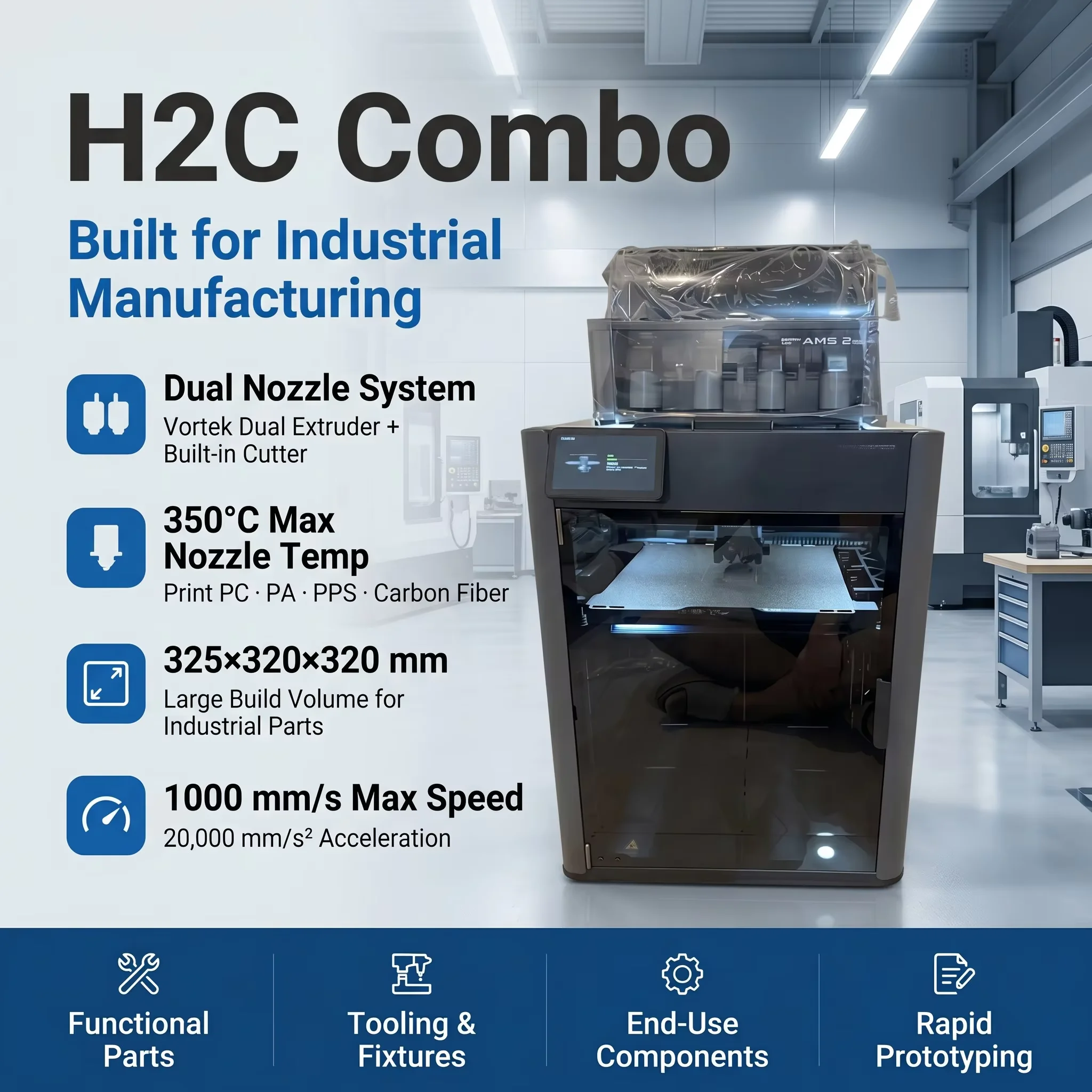 Bamboo BLab H2C Combo Large Build Volume 3D Printer For Functional Parts And Small Business Manufacturing