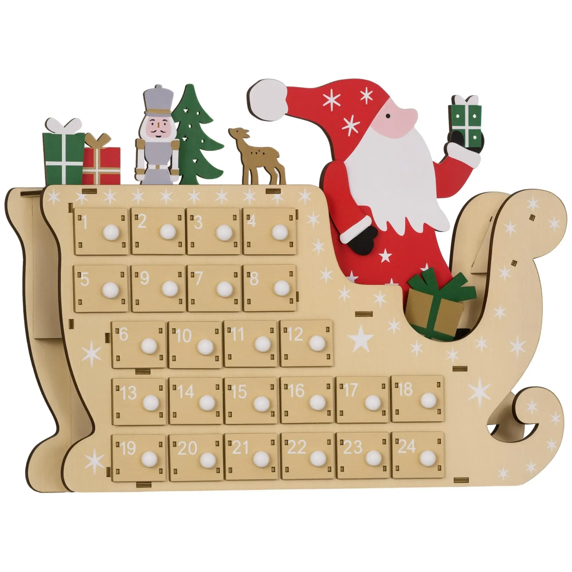 Weihnachtskalender aus Holz mit 24 Schubladen Weihnachtsmann Schlitten Deko 22,5x8x36 cm