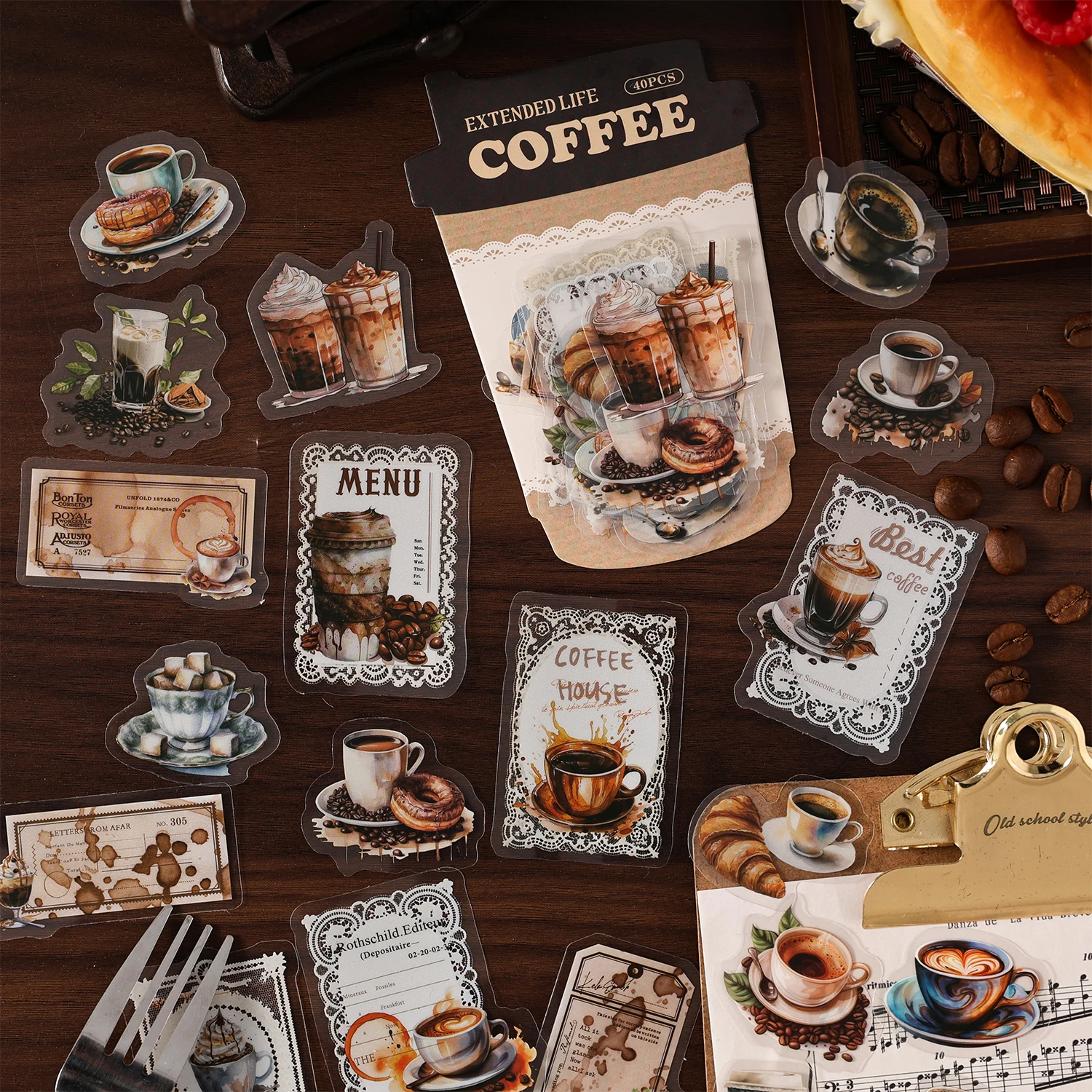  40Pcs Coffee Theme PET Stickers Lace Retro Style Scrapbooking Journal Decorative Collage Waterproof Stationery 