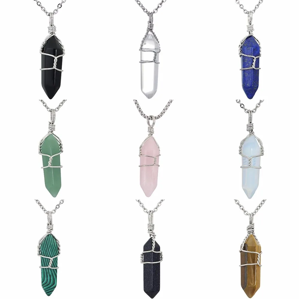 

SUNYIK Copper Wire Wrap Gem Stone Healing Crystal Pillar Pendant Charms Jewelry For Women (Free Chain)