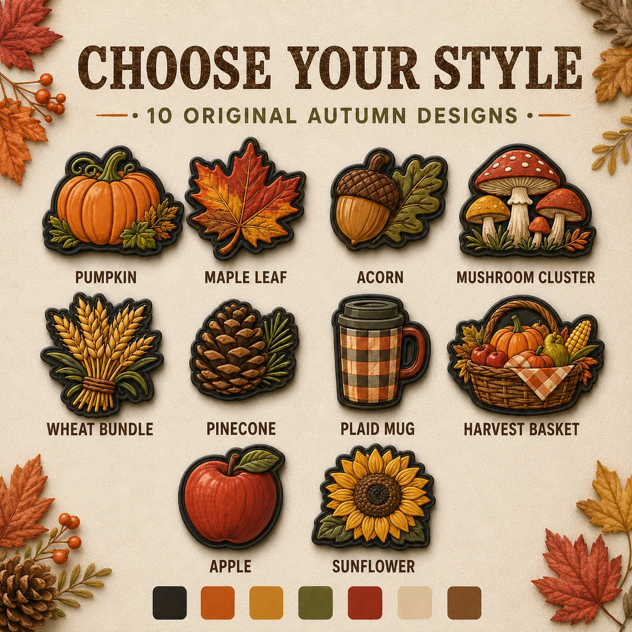 Custom Autumn Harvest PVC Patches Pumpkin Maple Leaf Acorn Mushroom 3D Soft Rubber Hook and Loop for Bags Jackets Hats Fall