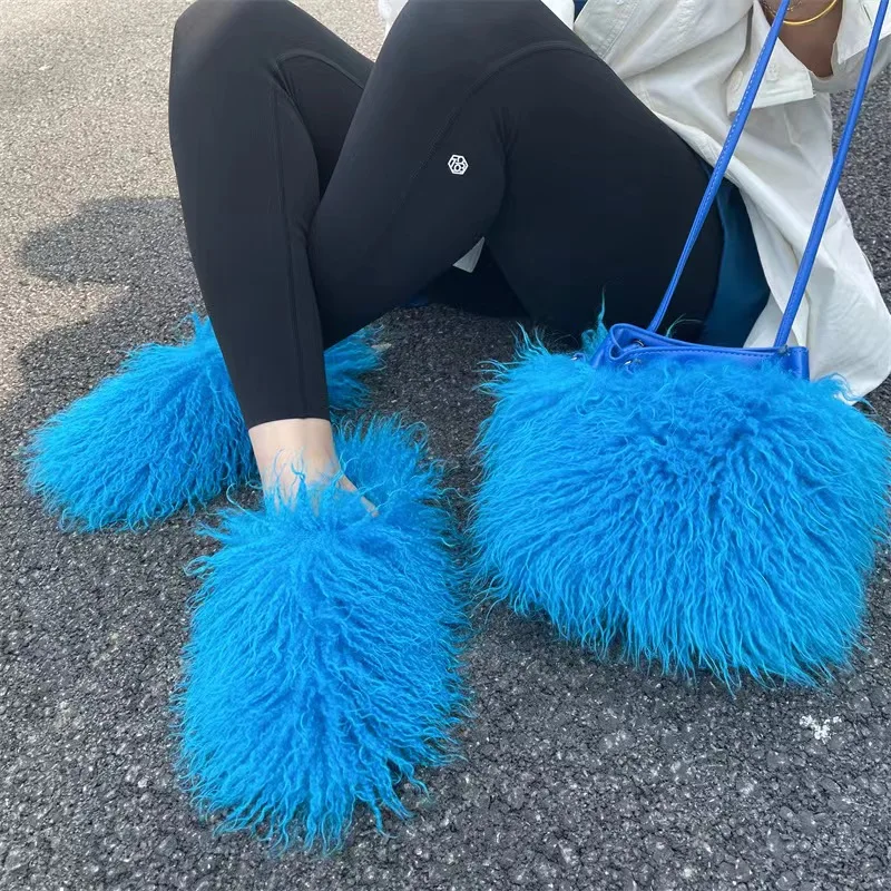 High Quality Solid Fluffy Mongolian Fur Slides And Mongolian Fur Bucket Bag Set Fashion Winter Slippers For Women Furry Sandals