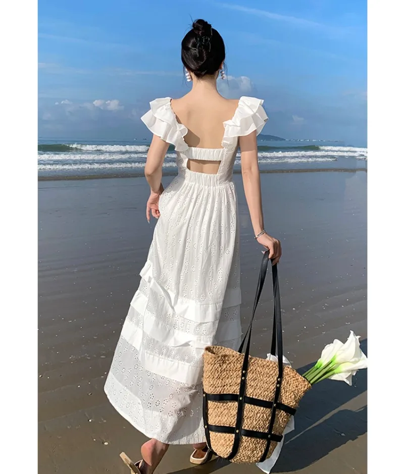 White Elegant Women Dress Summer Vacation Sleeveless Vintage Women's Clothing Hollow Out Runway Design Vestidos Ruffles