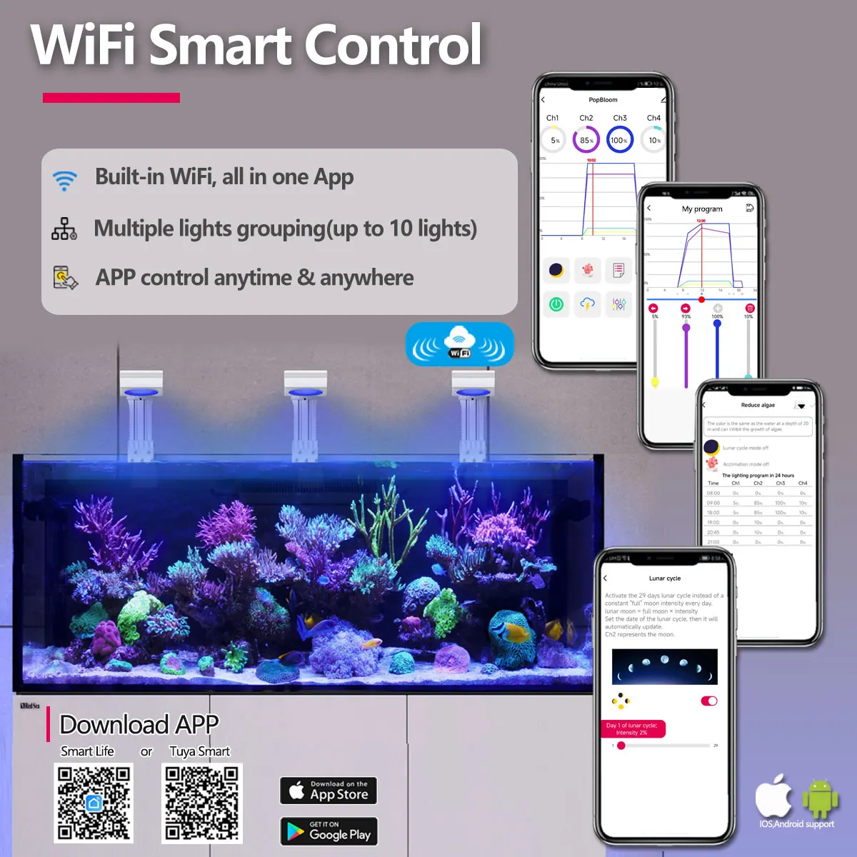 PopBloom WiFi Aquarium LED Light, Marine Aquarium Light,Full Spectrum for Saltwater Reef Coral SPS/LPS Fish Aquarium Tank