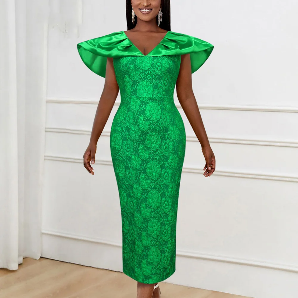 

Luxury Green Dresses for Women V Neck Flare Sleeve Sheath Package Hips Ankle Length Elegant Birthday Party Vestidos Mujer Dress