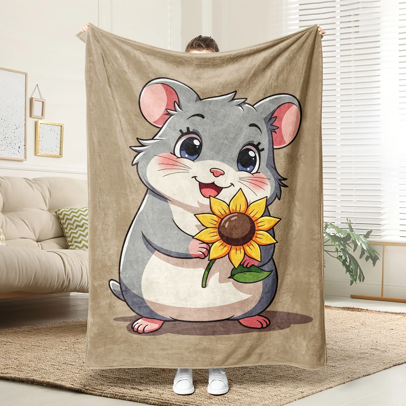 Cute Mouse Sunflower Flannel Blanket Soft All Season Throw for Bed Couch Machine Washable Gift for Women Teens Birthday