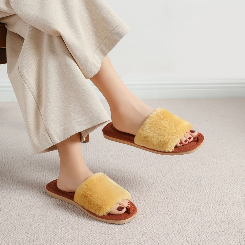 Eyriphy Dames Pluizige Bont Slippers Open Teen Casual Slaapkamer Dia 'S Traagschuim Zachte Zool Katoenen Schoenen Anti-Slip Spa Indoor