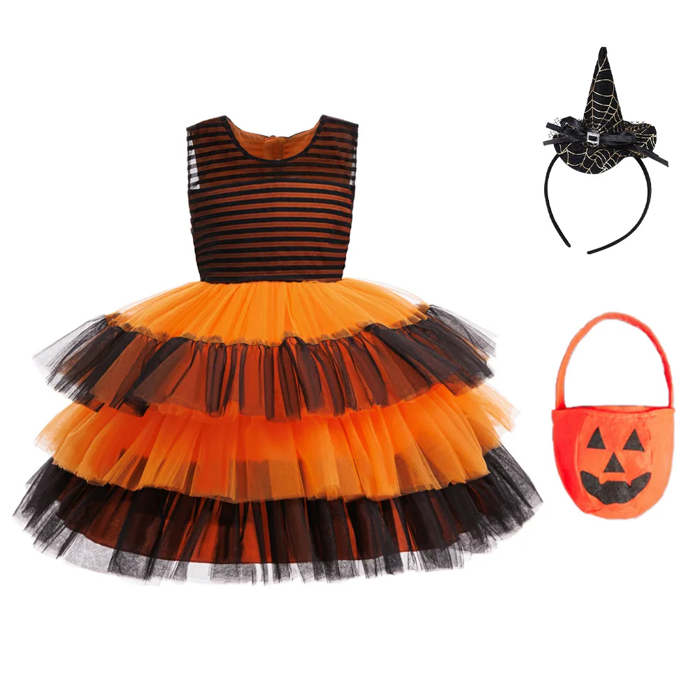 Girls Halloween Dress Pumpkin Costume Striped Sleeveless Layered Tulle Tutu Dress+Witch Hat +Candy Bag Cosplay Party Dress up