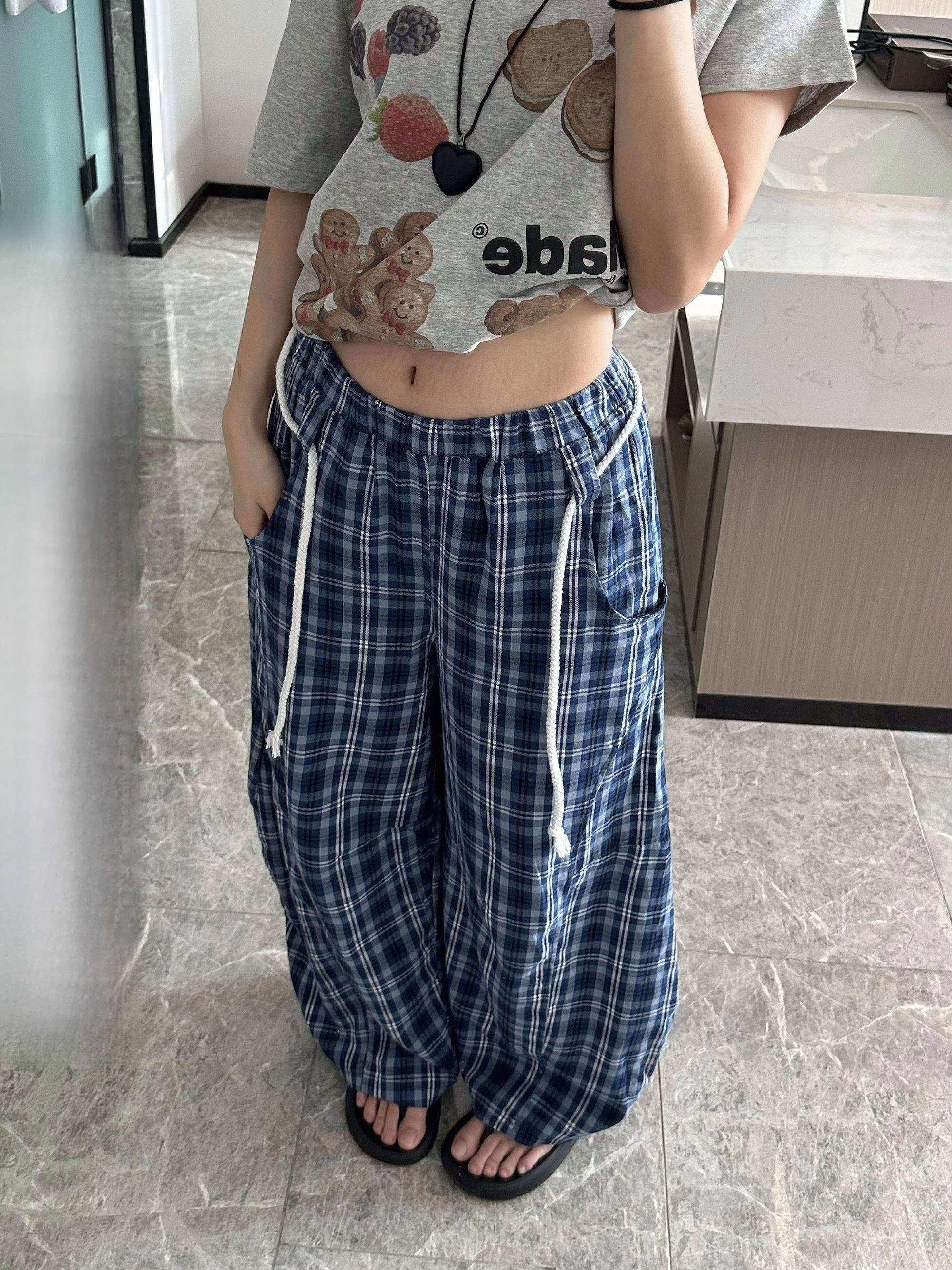 

XFX American Sle Retro Loose Wide Leg Elastic Waist Plaid Pants Women's Street CleanFit Casual Floor-Length Trousers Trendy