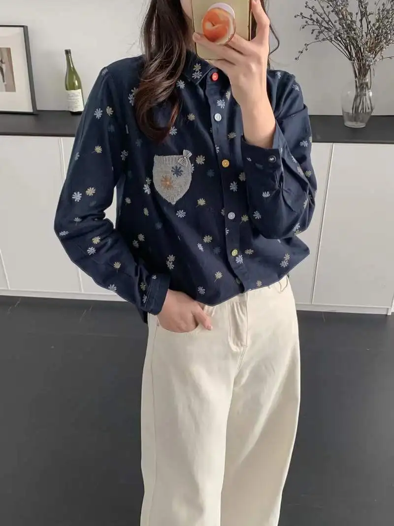 New 2025 Winter Cotton Long Sleeve Brushed Shirt, Women Lapel Knit Pocket Patchwork, Mori Girl OL Commute Loose Blouse T5D422CC