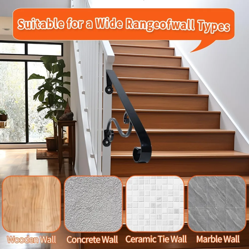 درابزين الشرفة المصنوعة من الحديد المطاوع لخطوات 1-2 - درابزين سلالم سوداء مع دعم واحد، مثالي للمدخلات الخارجية وآمن #6