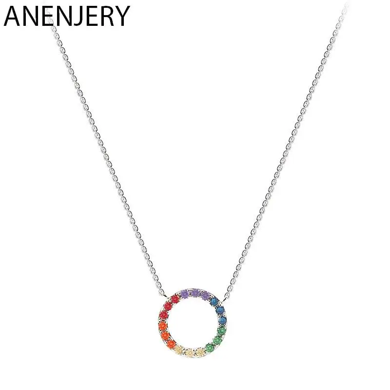 Anenjery Silber Farbe bunte Regenbogen Kreise Charme Halskette geometrische Süßigkeiten Farbe kubischen Zirkon Halskette für Frauen S-N526