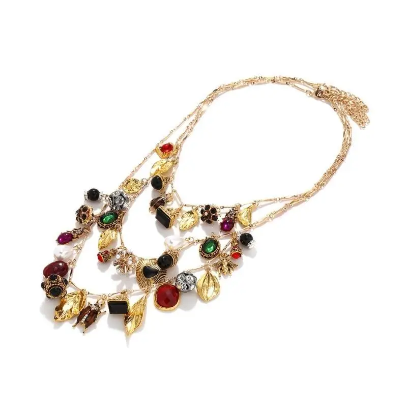 

652F Многослойное ожерелье с подвеской, аксессуар, современное многослойное ожерелье с сердцем и цветочным узором для встреч