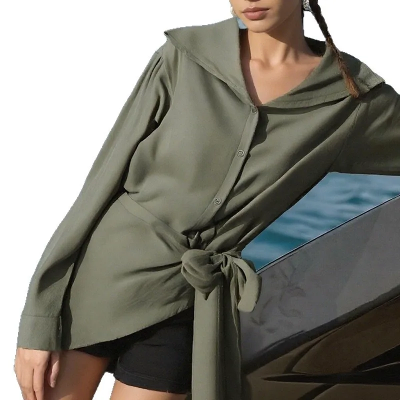 ANJY Spring Autumn New Women Fashion Elegant Solid Color Patchwork Lace-Up Tunic Blouse Trendy Ins Slim Long Sleeve Shirt A19579
