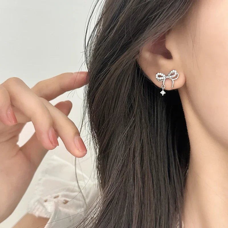 

Tibetan Silver Zircon Hollow Bowknot Stud Earrings for Women Cute Light Luxury Fashion Jewelry Minimalist Accessories