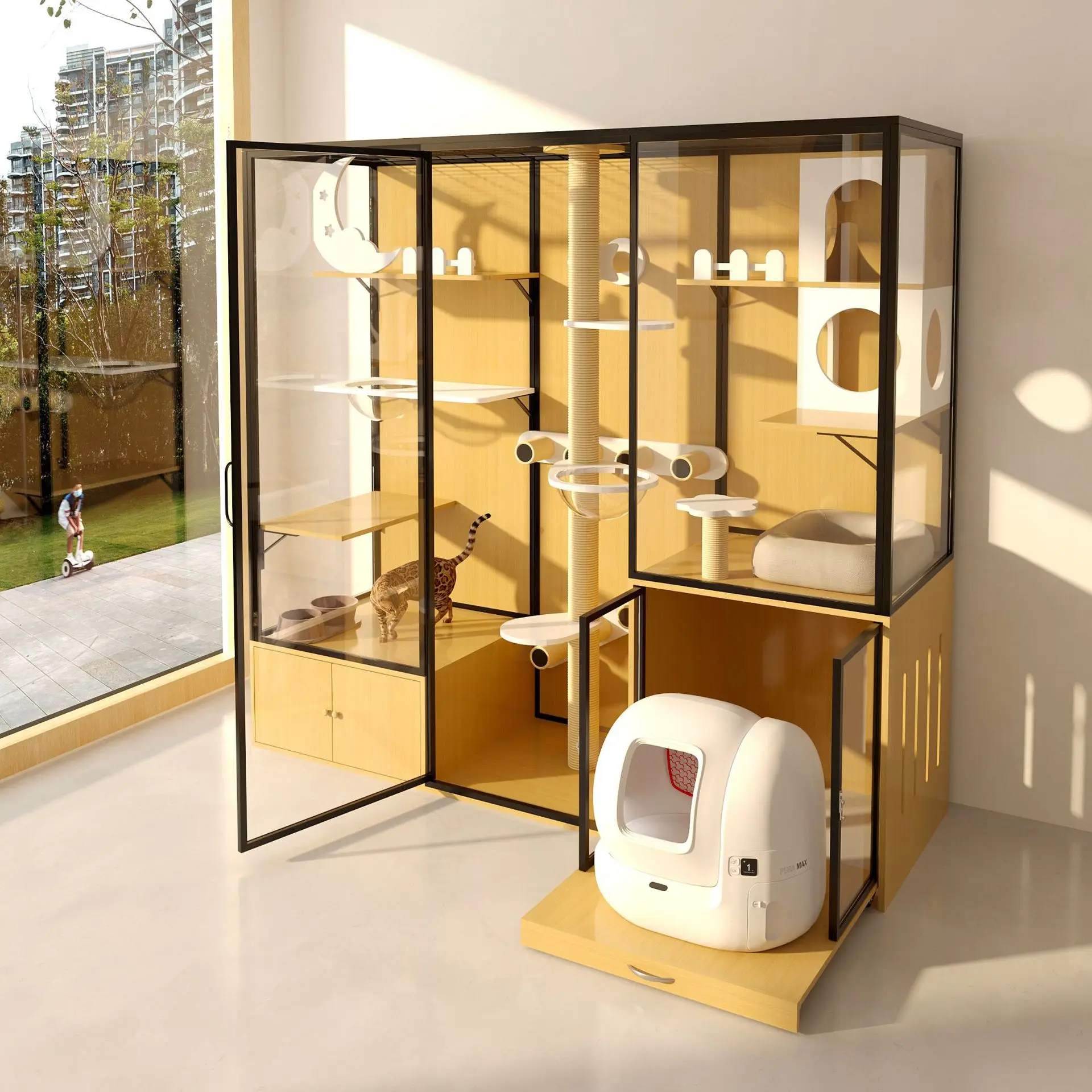 Pet cage cat dog small pet foster care display cabinet solid wood cat cabinet glass panoramic cat house cage
