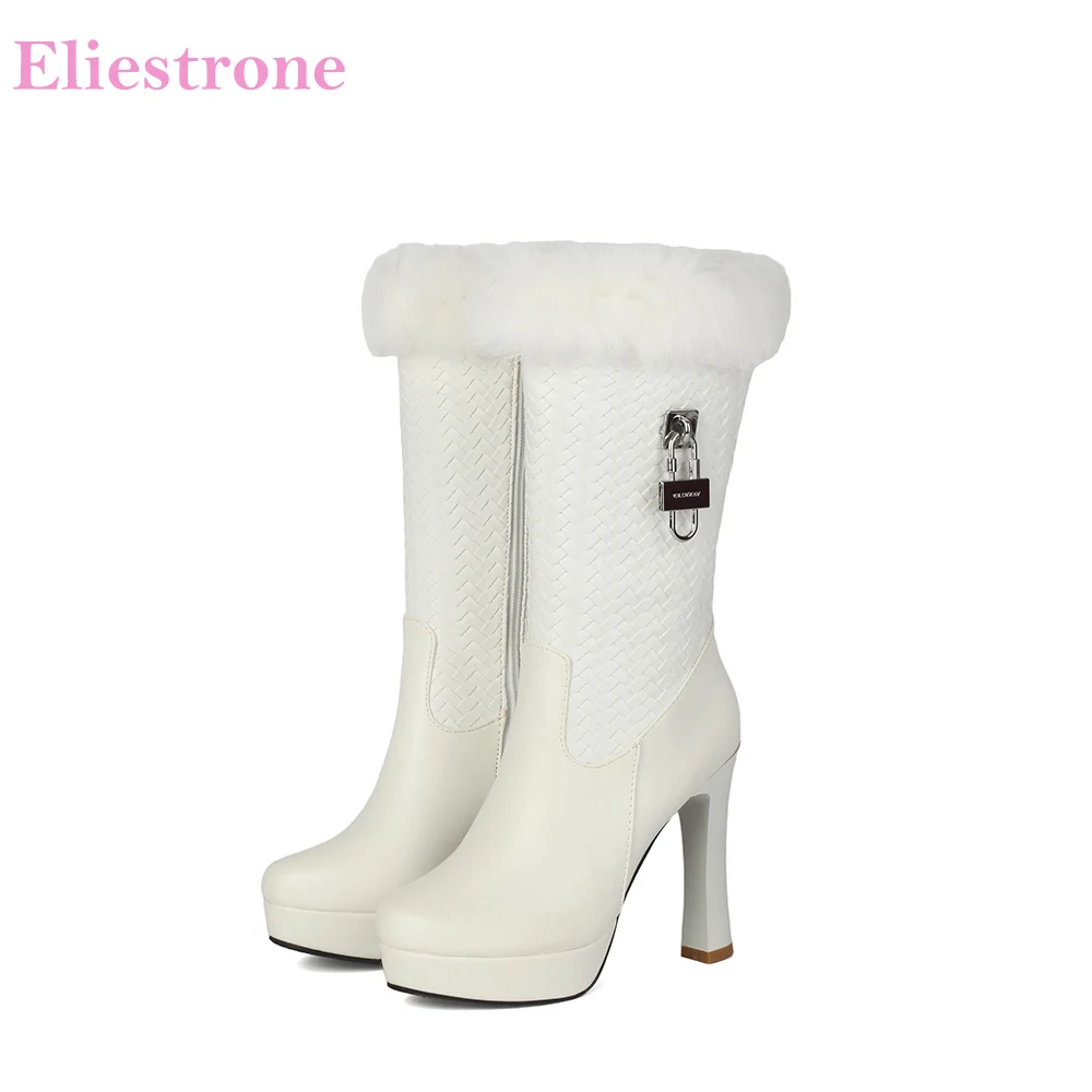 

2025 New Winter Sweet White Black Women Mid Calf Riding Boots Round Toe High Heel Lady Shoes Plus Big Size 12 44 46 48