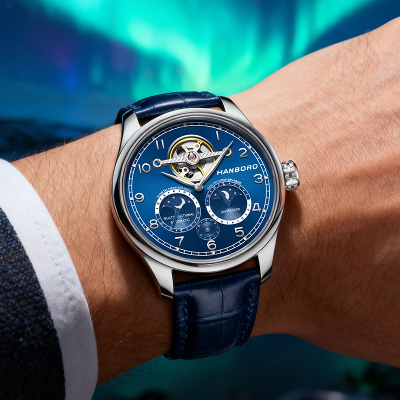 HANBORO Men Automatic Watch 44mm Mechanical Wristwatch Luminous Sapphire Flywheel Northern Southern Hemisphere 24-Hour Sun Moon