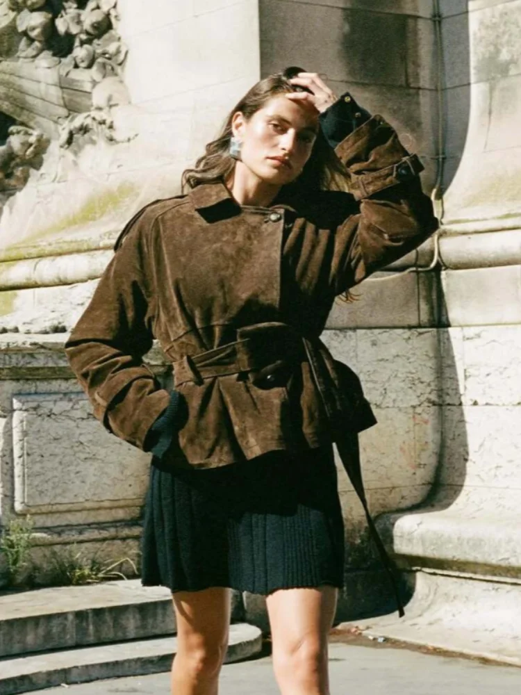 

Vintage Suede Belt Jackets Women Full Sleeve Loose Turn-down Collar Lace Up Short Jacket Female 2025 Autumn Lady Outwears New