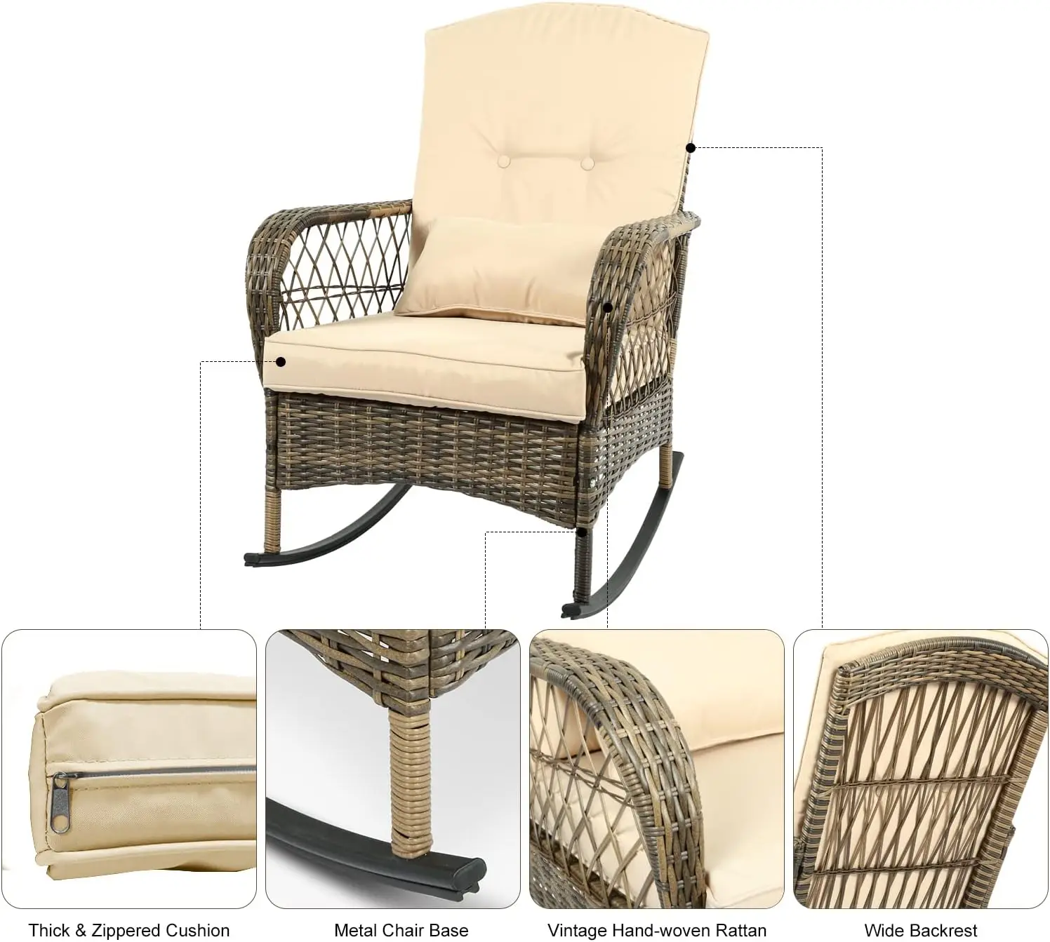 6-Piece Patio Furniture Set,Outdoor Rocking Chairs Set Of 2, Patio Conversation Set With 4 Wicker Chairs With 2 Glass Coffee