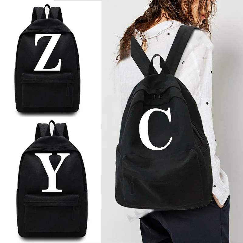 Casual Travel Backpack Student School Bag Large Capacity Laptop Bag Canvas White Letter Print Zipper Organizer Shoulder Bag