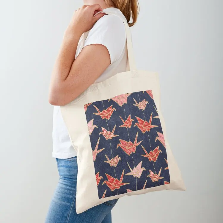 Red origami cranes on navy blue Tote Bag canvas shopping bag bags for women Shopper handbag Women's beach bags